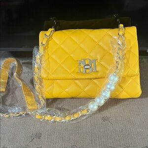 Badgley Mischka Quilted Yellow Crossbody Bag with Pearl Chain Strap NWT
